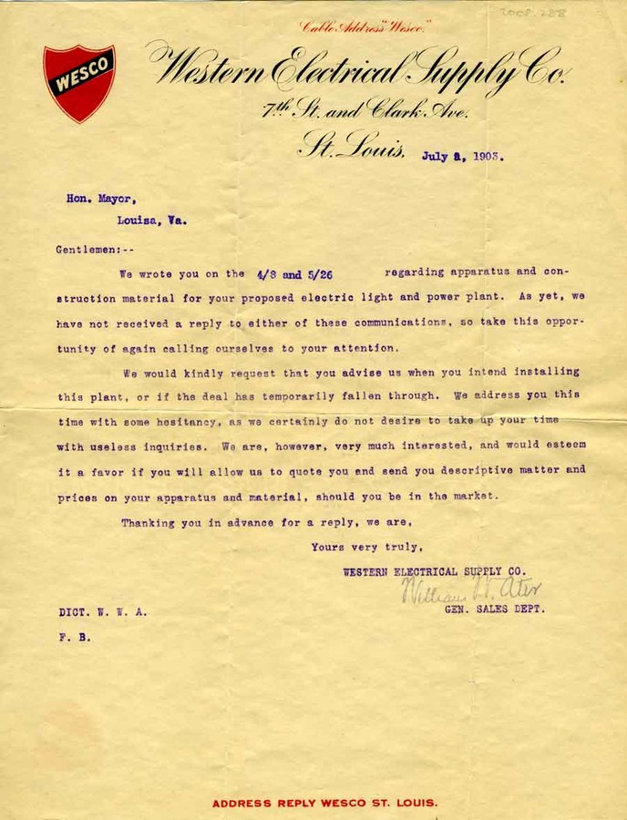 Letter from Western Electric Supply Co.